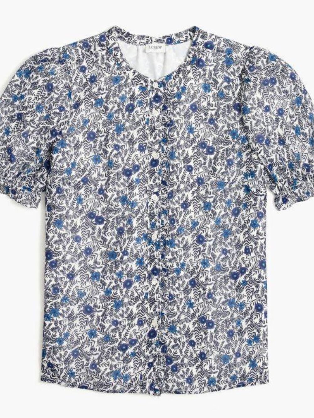 J. Crew Navy & Ivory Soft Gauze Puff-Sleeve Lined Button Front Ruffle Top - M